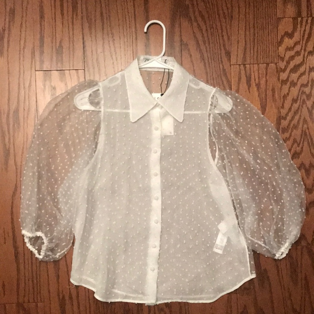 NWT Zara Sheer White Button Down Blouse